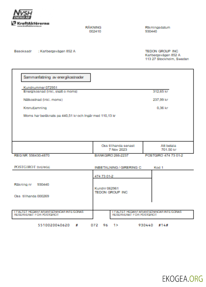 Facture commerciale de service public NVSH Energi, SCR